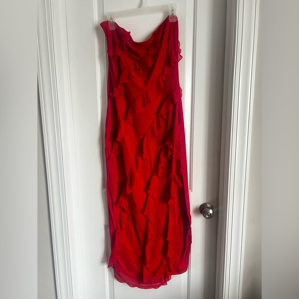 ZESICA OFF SHOULDER MESH TASSEL RUFFLE SIDE SPLIT TUBE MAXI DRESS | xl - Picture 2 of 5